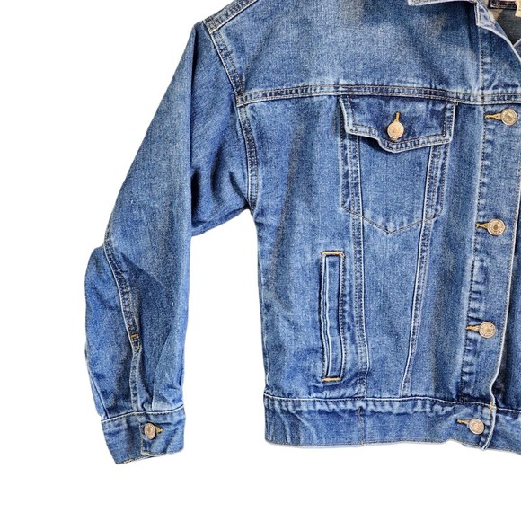 Forever 21 Denim Jean Jacket Embroidered Peach Festival Boho Mod Size S - Picture 3 of 9